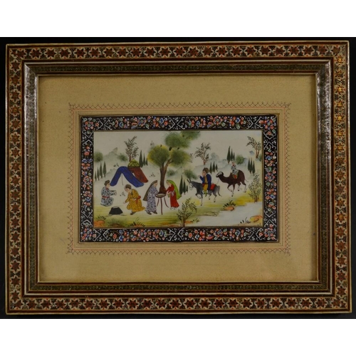 3087 - Persian School Figures at Camp gouache on panel, 8cm x 14cm, decorated mount, Sadeli marquetry frame