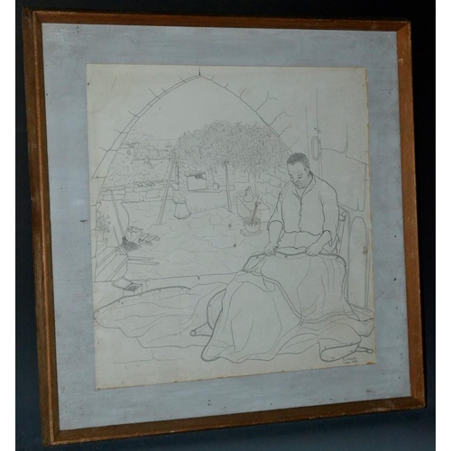 3091 - R Grimble The Sailmaker signed, inscribed Cyprus and dated 1953, pen and ink, 38cm x 36cm