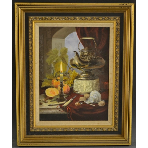 3131 - Spanish School (20th Century) Still Life, Spirit Kettle, Candlestick, Grapes and Apples oil on board... 