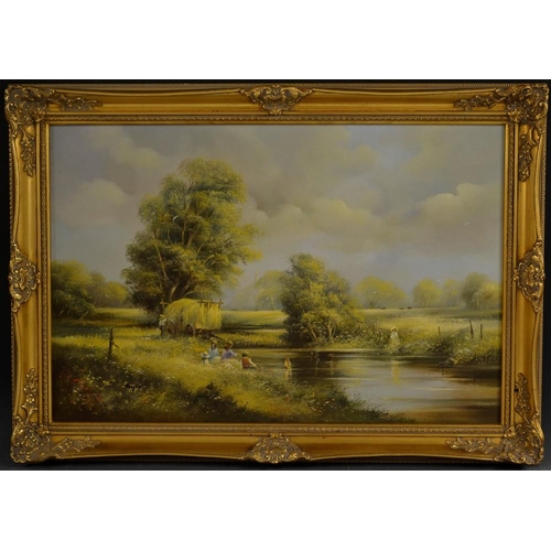 3150 - Ted Dyer (Bn.1940) A Sunny Meadow, Children Playing by the River signed, oil on canvas, 49.5cm x 75c... 