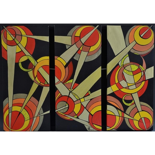 3174 - Juliet Amanda Sugden Satellites signed, triptych, oil on canvas, 60cm x 86cm