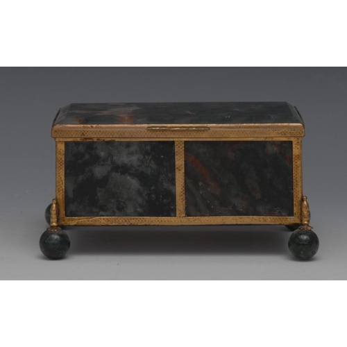 100 - A 19th century gilt metal mounted moss agate rectangular table casket, hinged cover, globular feet, ... 