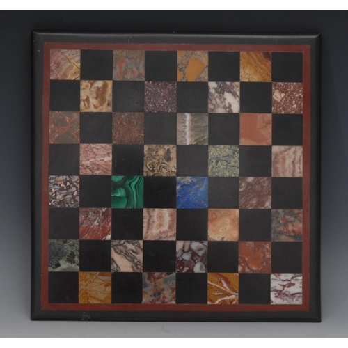 112 - A 19th century Derbyshire Ashford marble chess board, inlaid with lapis lazuli, malachite and other ... 