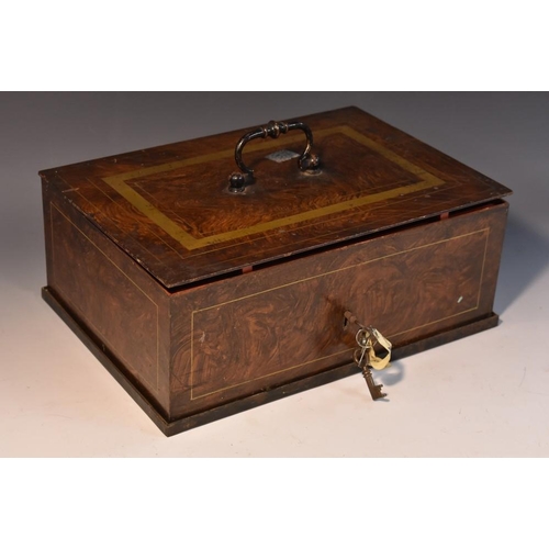 3398 - A Victorian japanned metal rectangular table-top strong box, decorated overall in faux wood grain, o... 