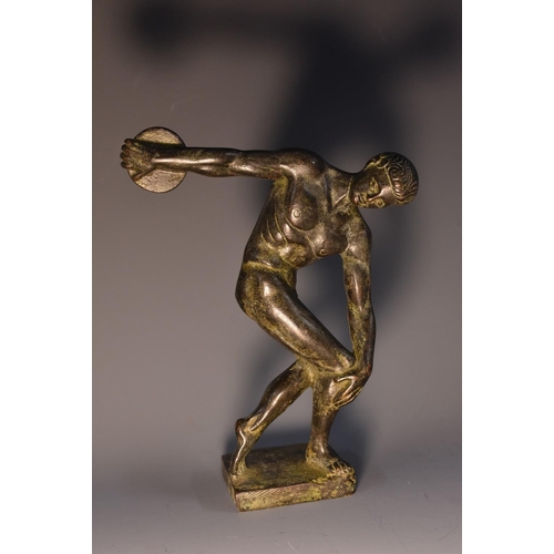 3420 - After the Antique, a dark patinated bronze, The Discobolus of Myron, rectangular base, 18.5cm high