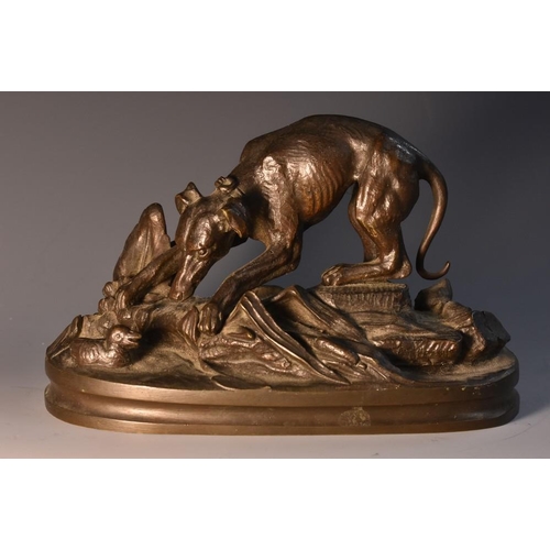 3433 - French School (19th century), a dark patinated animalier bronze, of a hound approaching a duck, oval... 