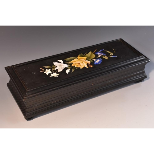 3462 - A 19th century Florentine pietra dura and ebony veneered rectangular table-top casket, the black mar... 