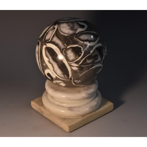 3470 - Geology - a marble sphere, 20cm diam, turned socle, square base, 17cm high