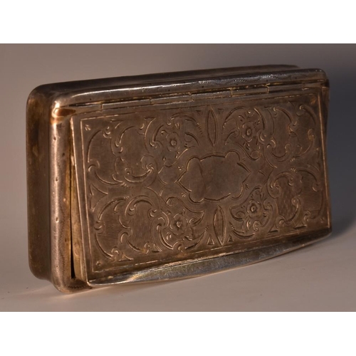 3485 - A 19th century French silver snuff box, hinged cover engraved with leafy strapwork, engine turned ba... 