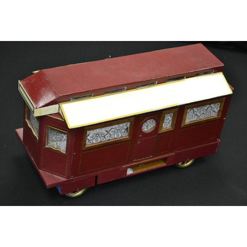 5275 - A scratch built model of a caravan named Denjeani, wooden body, multi-coloured Burgundy red and gilt... 