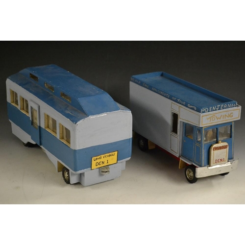 5280 - A scratch built model of a Maudsley type cab over wagon and caravan, wooden bodies, two tone blue pa... 