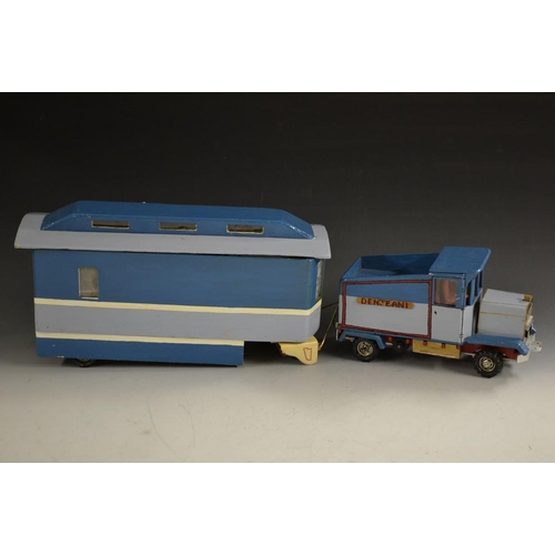 5281 - A scratch built model of a Scammel type wagon and caravan, wooden bodies, two tone blue painted body... 