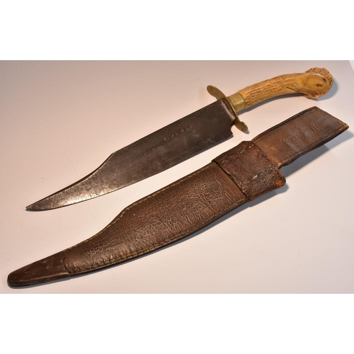 3702 - A 19th century Bowie knife, 26.5cm blade stamped J. Bevin, brass guard stag antler, leather scabbard... 