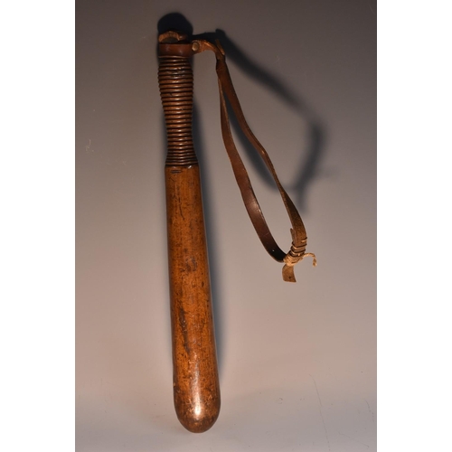 3706 - A 19th century hardwood tipstaff or truncheon, quite plain, turned grip and pommel, leather wrist st... 