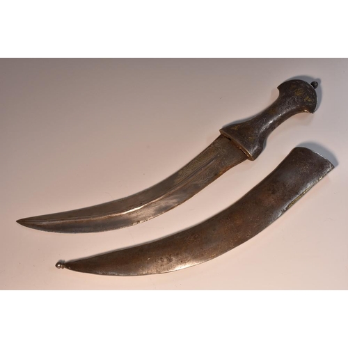 3709 - A 19th century Indian khanjar, 27.5cm curved raised-fullered blade, steel hilt and scabbard lightly ... 