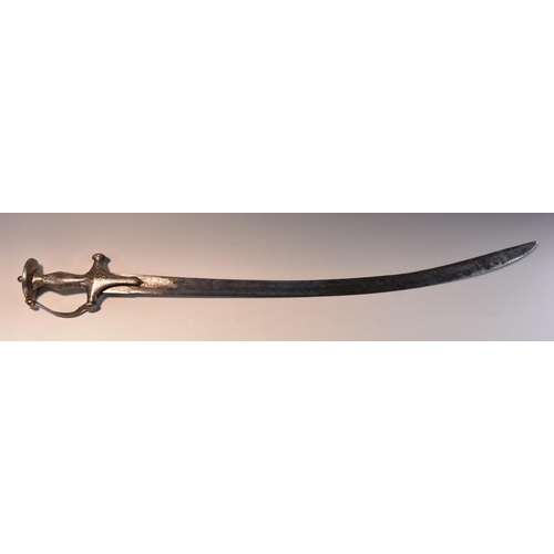 3712 - A 19th century Indian tulwar, 75cm curved blade, steel grip with traces of Bidri decoration, knuckle... 