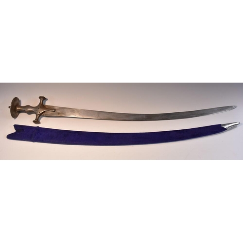 3713 - A 19th century Indian tulwar, 77cm curved blade, typical steel hilt with spiked disc pommel, 91cm lo... 