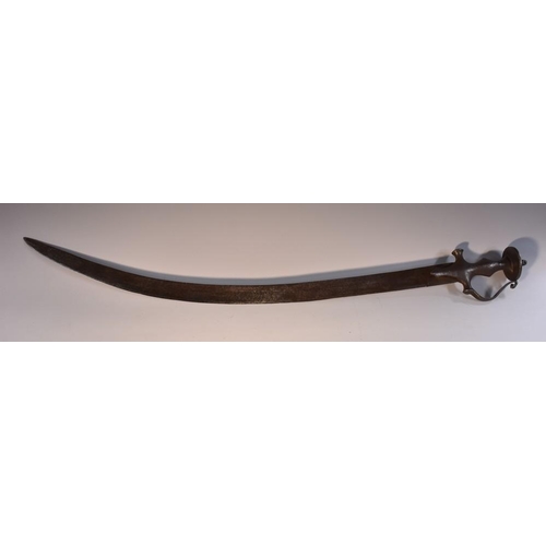 3714 - A 19th century Indian tulwar, 81cm curved blade, typical hilt with disc-shaped pommel and serpentine... 