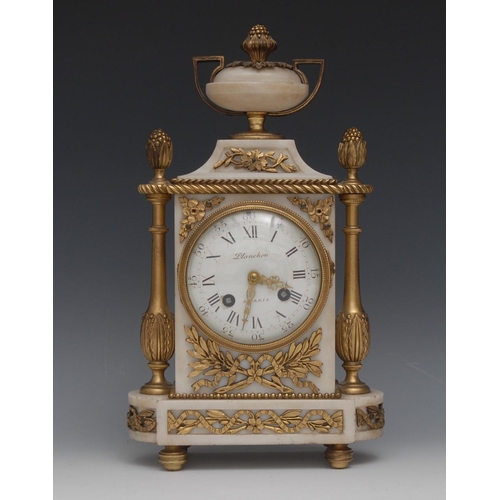 146 - A French Belle Epoque Louis XVI Revival ormolu mounted white marble mantel clock, 9cm convex enamel ... 