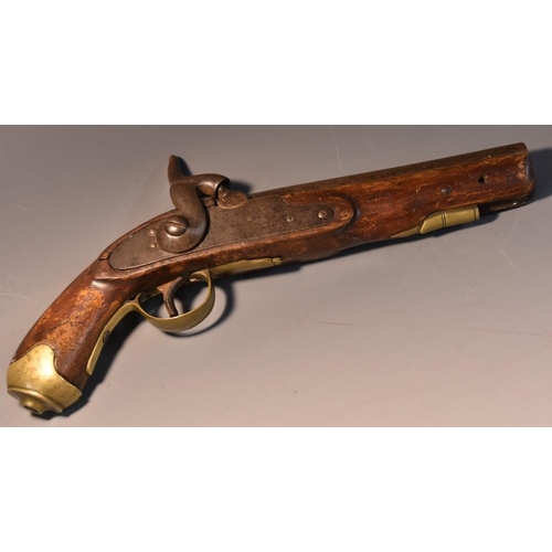 3718 - A 19th century percussion pistol, probably naval, 19cm barrel with proof mark, walnut full-stock, br... 