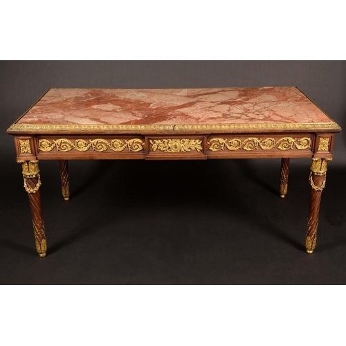 147 - A substantial Napoleon III ormolu mounted mahogany rectangular library centre table, Breccia marble ... 