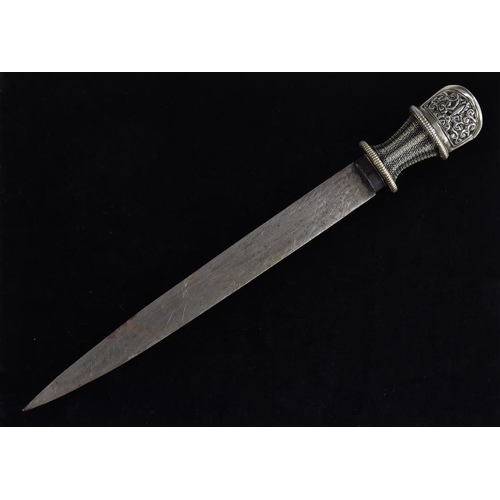 3725 - A 19th century Tibetan dagger, 26.5cm straight pointed single-edged blade, silvered grip, the pommel... 