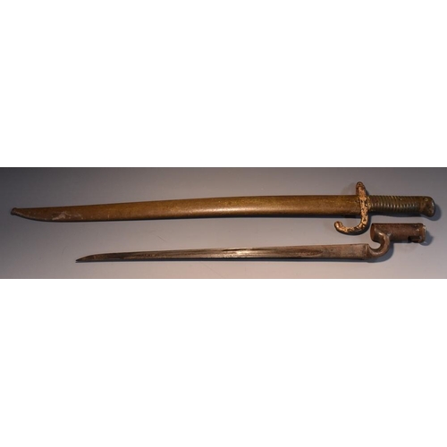 3726 - A Brown Bess socket bayonet, 43cm straight triform blade, marked UM, 53cm long overall; a French cha... 