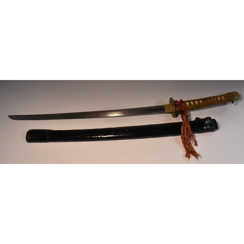 3735 - A Japanese katana, the curved blade 56.5cm excluding habaki, bronze tsuba, bound shagreen tsuka, bro... 