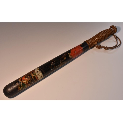 3753 - A Victorian truncheon, painted in polychrome with a crown, ring-turned grip, 43cm long, c.1880