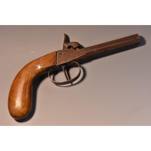 3759 - An early 19th century pistol, pin fire, octagonal barrel, walnut bag shaped stock, 20cm long, marked... 