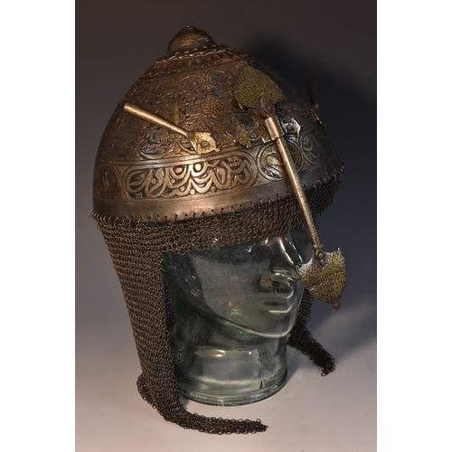 3762 - An Indo-Persian Kulah Khud helmet, sliding nose guard, two plume sockets, gilt damascened and chased... 