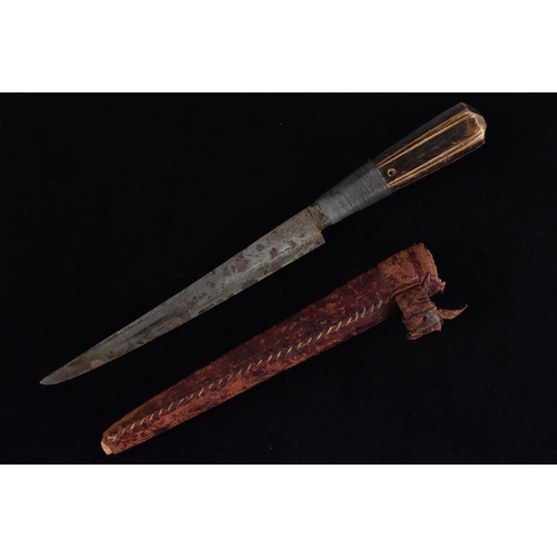 3766 - An Oriental dagger, 17cm straight single-edged blade, with armourer's mark, wire bound softwood grip... 