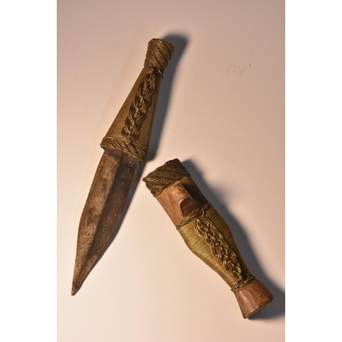 3770 - Tribal Art - an African dagger, probably Benin, 8cm pointed double-edged blade, wire bound grip and ... 