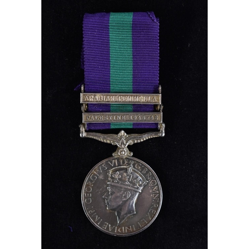 3776 - Medal, GSM 1918-62, GVI, IND.IMP./2 clsps: Palestine 1945-48, Arabian Peninsular - RAF, 4004314 L.A.... 