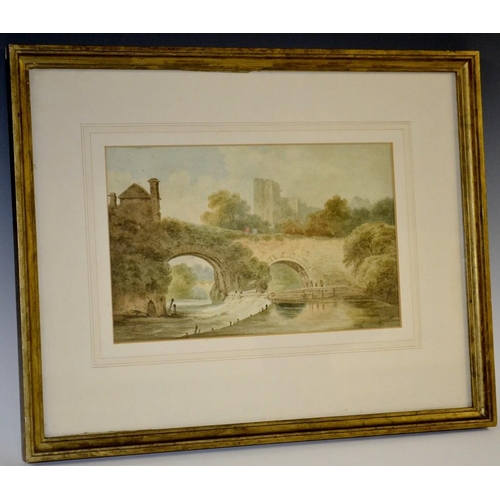 3061 - English School (mid-19th century) Medieval Castle, Bridge and River indistinctly signed, watercolour... 