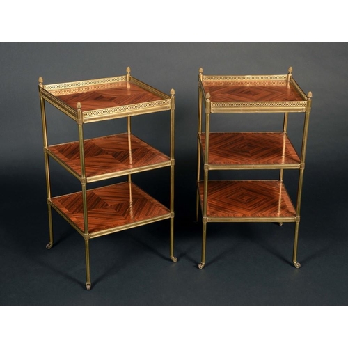 158 - A pair of Louis XVI style gilt metal mounted kingwood square etageres, three-quarter galleries with ... 