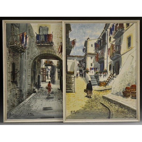 3076 - G Molina (Spanish 20th century) A Pair, Spanish Backstreets signed, watercolours, 64cm x 47cm