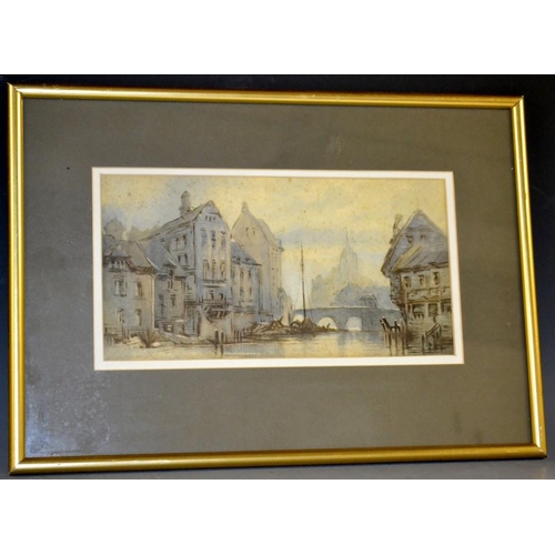 3086 - In the manner of Paul Marny (1829-1914) Ghent from the River signed, watercolour, 14.5cm x 28.5cm