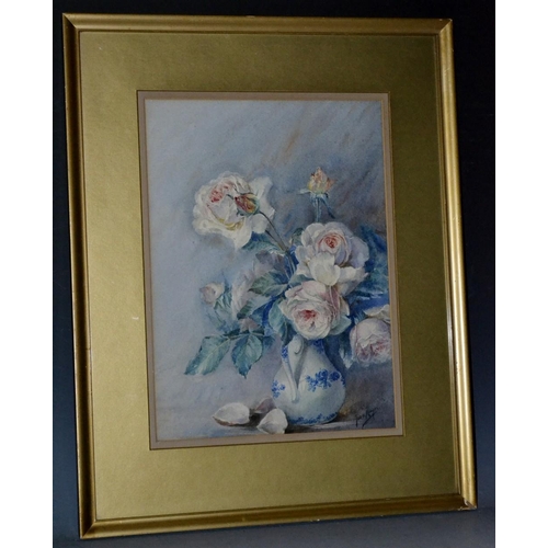 3099 - Jean Mayer (early 20th century) Pink and White Roses in a Vase signed, watercolour, 36cm x 27cm