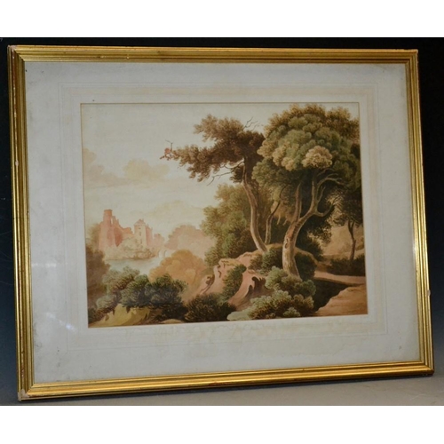 3100 - John Collett, style of Primitive Landscape with Moated Ruins, sketch and wash, label verso, 32cm x 4... 