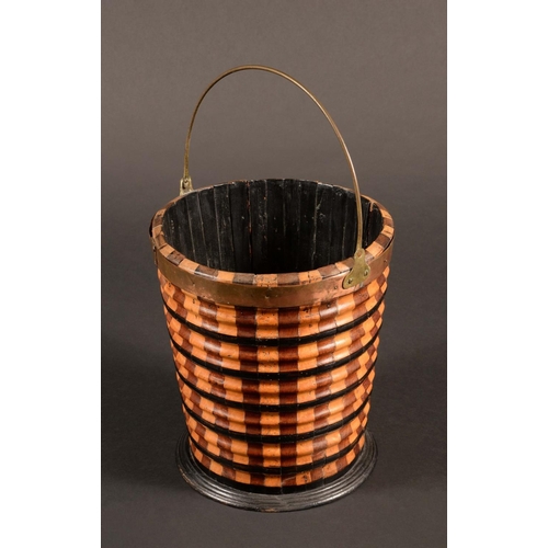 162 - A 19th century Dutch ribbed tapered cylindrical ember bucket or teestoof, banded in two-tone timbers... 