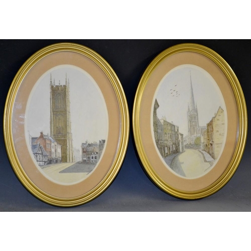 3119 - N. Grinuster A pair, Derby Cathedral signed, watercolour, oval, 23cm x 16cm