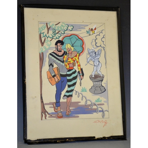 3127 - Pircheff? (mid-20th century) Amour, A Glamorous Spanish Couple signed, gouache, 23cm x 16.5cm