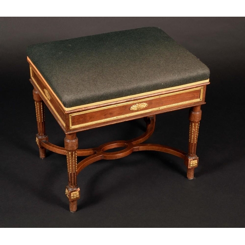 169 - A Louis XVI Revival Franglais gilt metal mounted rectangular piano stool, hinged stuffed-over top ab... 