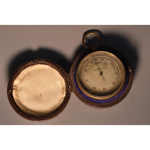 3952 - A 19th century brass travelling pocket aneroid barometer, 4.5cm silvered register, 7.5cm over loop, ... 