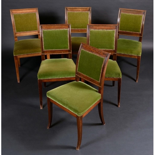 172 - A set of six Empire style mahogany dining chairs, brass mounted swept rectangular backs, stuffed-ove... 