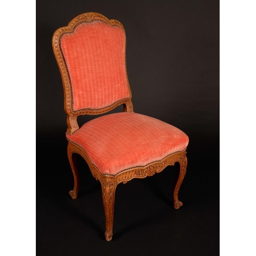 176 - A Louis XV design beech side chair, acanthus cresting, stuffed-over upholstery, cabriole legs