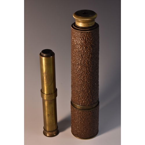 3972 - An early 20th century military brass three-draw telescope, marked Tele Sct Regts Mk2, H.C.R & Son Lt... 