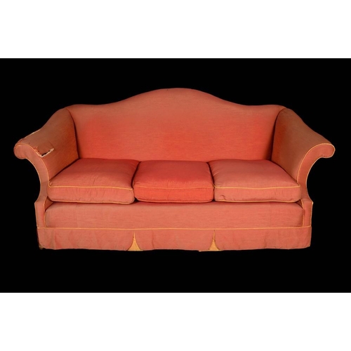 181 - An early 20th century three-seater sofa, serpentine back, squab cushions, upholstered in peach bloom... 