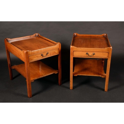 186 - A pair of late 20th century mahogany lamp tables, the top above a single drawer, brass swing handle,... 